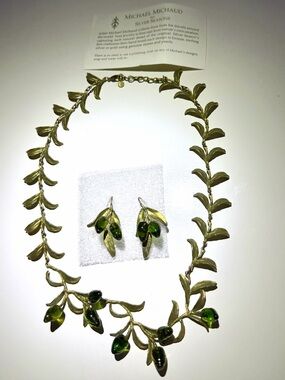 Michael Michaud Silver Seasons Green Spanish Olive Necklace & Earrings bronze